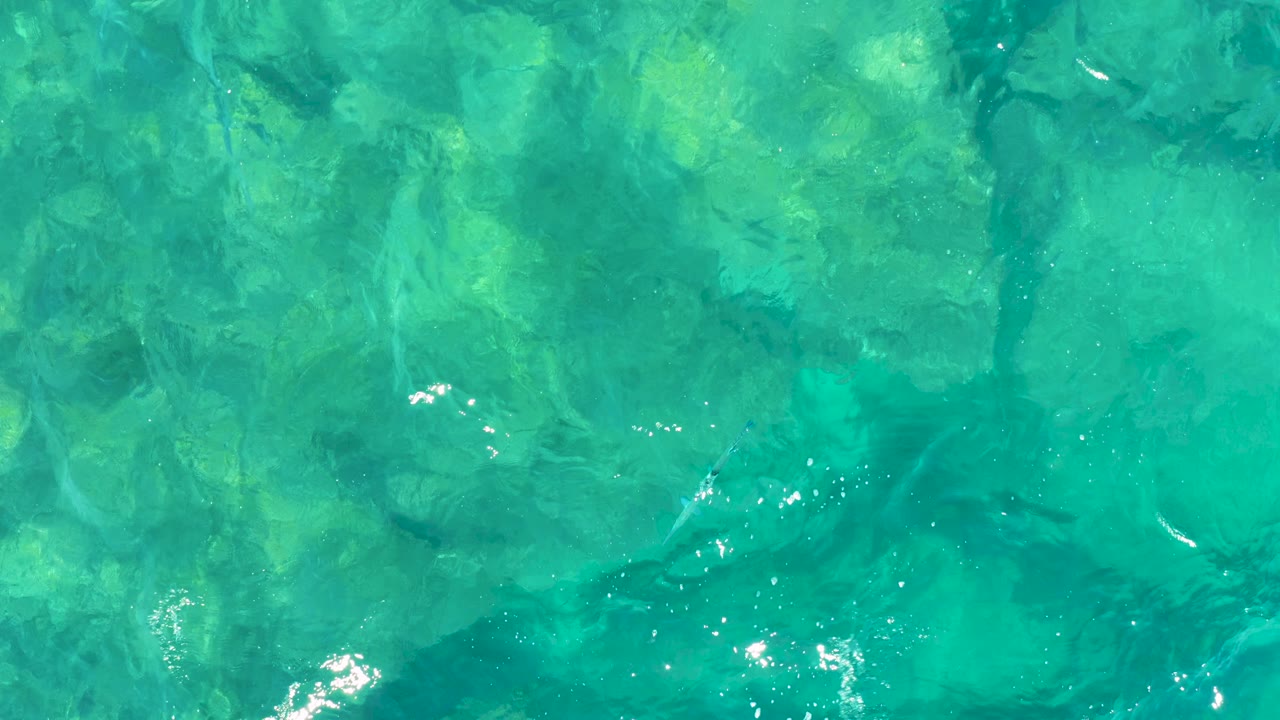 Bright turquoise water fills the frame in East Cape BCS Mexico, revealing mottled submerged rock patterns beneath the rippled surface and no visible people.