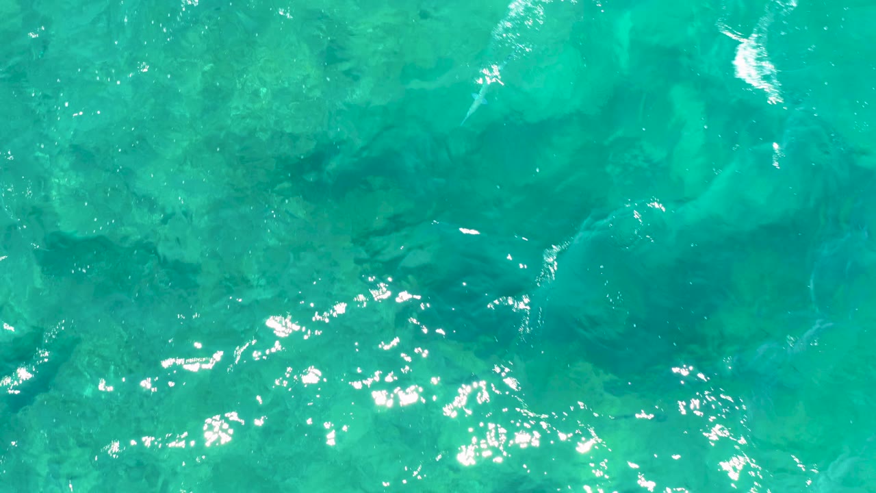 Shallow turquoise water in Baja California Sur fills the frame with bright reflection streaks, visible seabed texture, and no visible people.