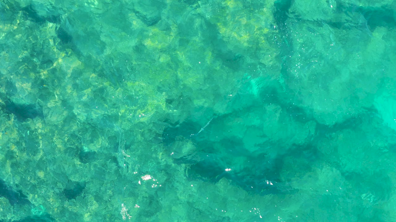 Overhead view of clear turquoise ocean water in Baja California Sur, with submerged rocks, green underwater texture, small sun glints, and no visible people.