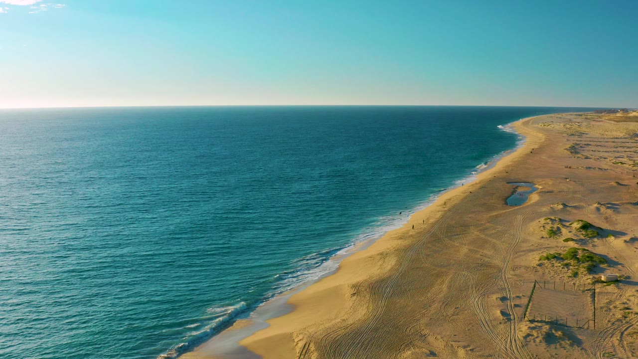 Aerial coastline with surf edging a sandy shore.