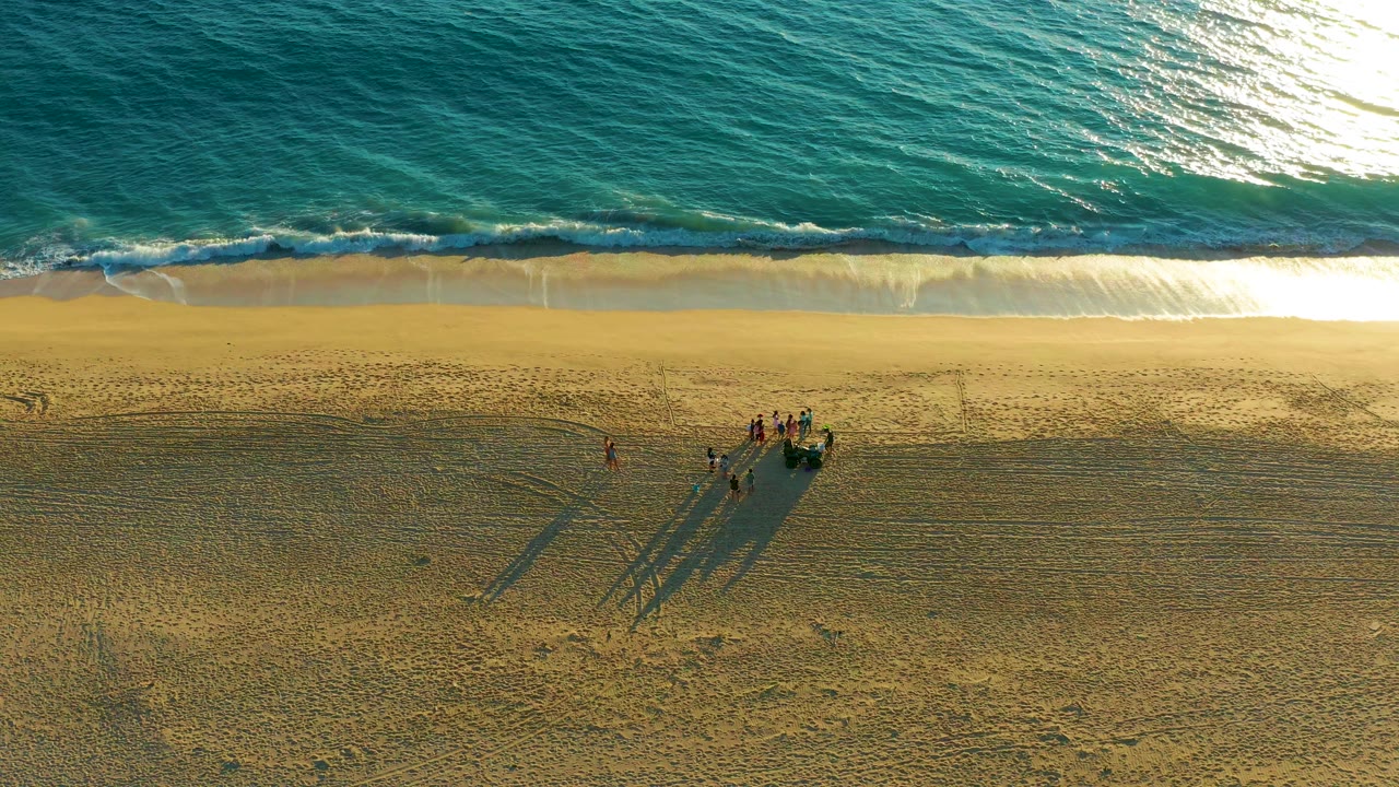 Overhead shoreline with waves, sand, and people near the lower right.