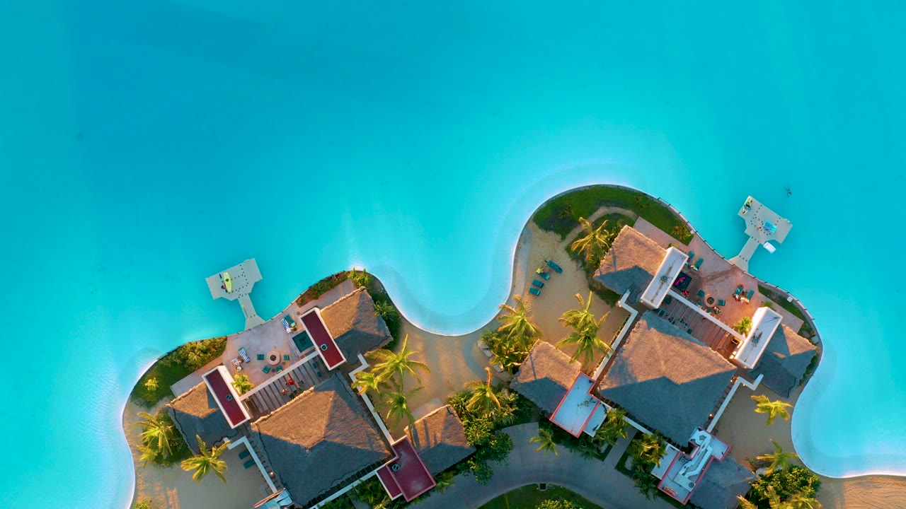 Overhead drone frame at Diamante Cabo San Lucas showing turquoise water around thatched-roof island houses, palm trees, docks, and no visible people.