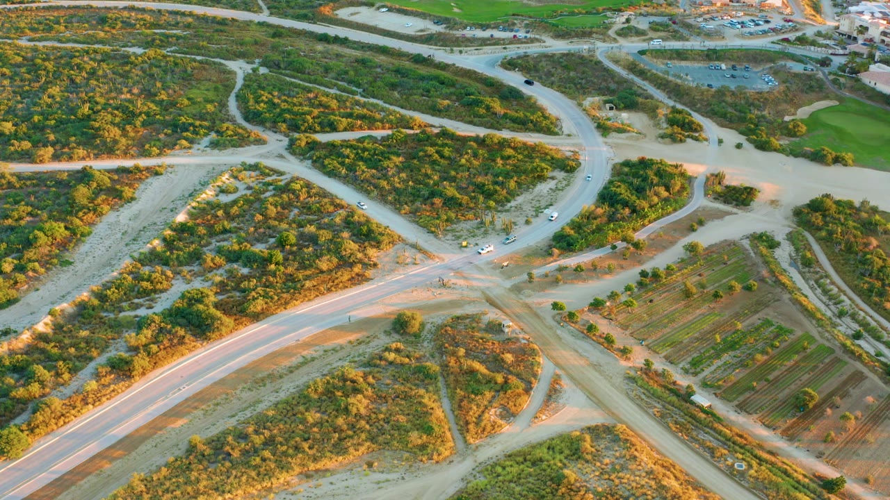 High drone-style frame over a sunlit road junction in Diamante Cabo San Lucas, with cars visible on the pale roads, dense green patches, dirt shoulders, and no visible people.