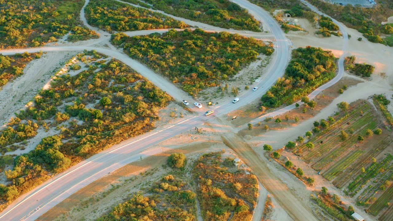 Aerial view of a road crossing bordered by trees and cultivated land.