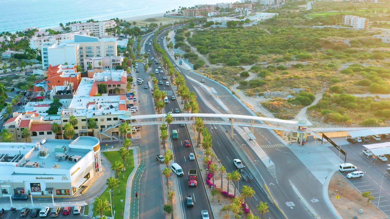 Elevated coastal roadway view with traffic, palms, buildings, and beach beyond.
