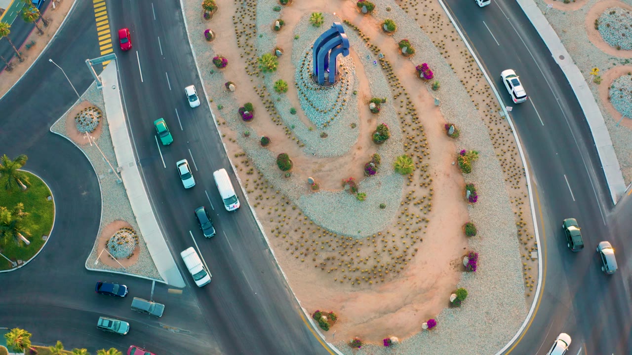 Top-down frame in San Jose Del Cabo showing several cars spaced along the roundabout lanes beside a pale gravel median with shrubs and purple flowering plants, with no visible people.