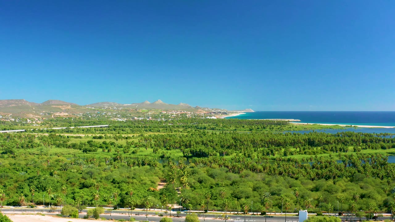 San Jose Del Cabo view with layered vegetation in the lower frame, bright blue water near the coast, tan mountain ridges, and no visible people.