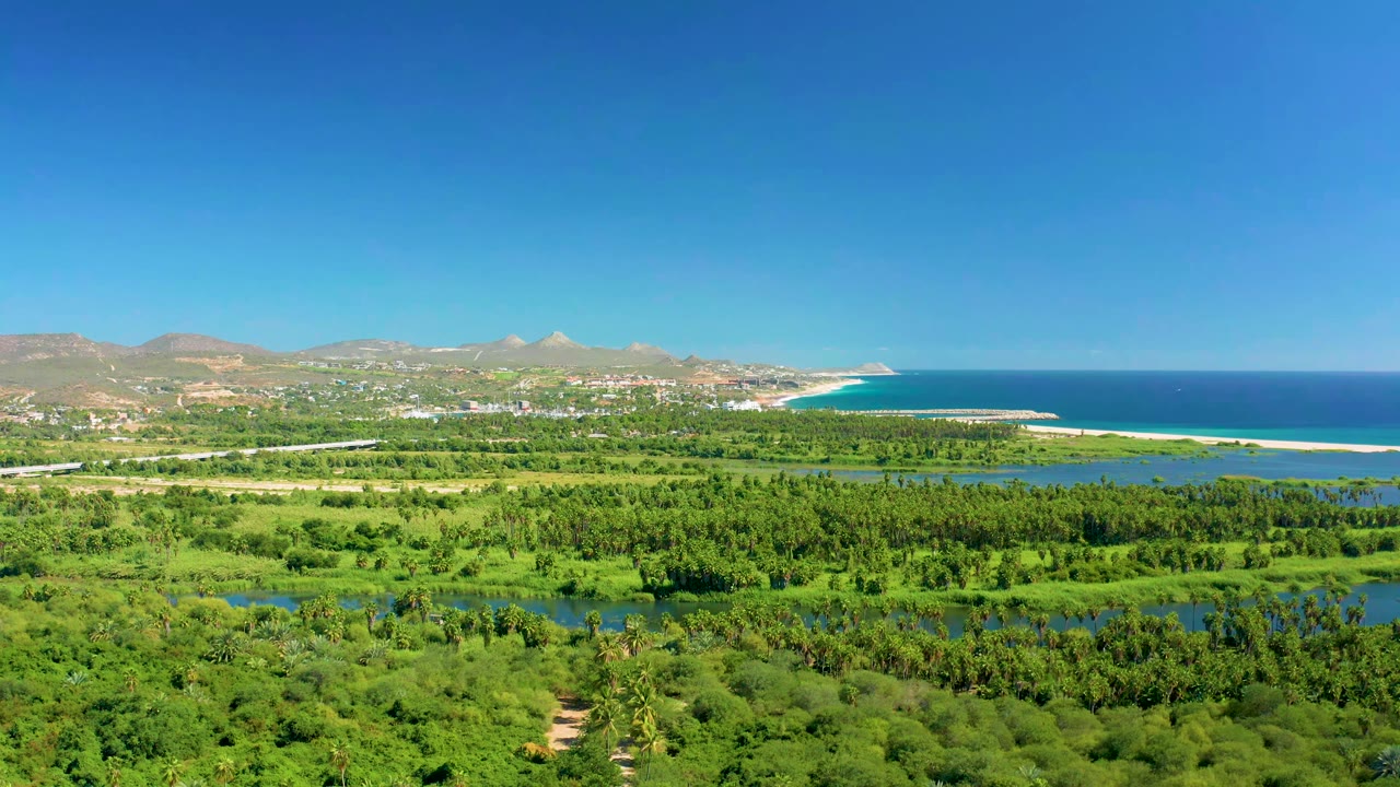 Second aerial frame in San Jose Del Cabo with dense green vegetation and blue river channels in the lower frame, a pale coastline at mid-distance, ocean to the right, and no visible people.