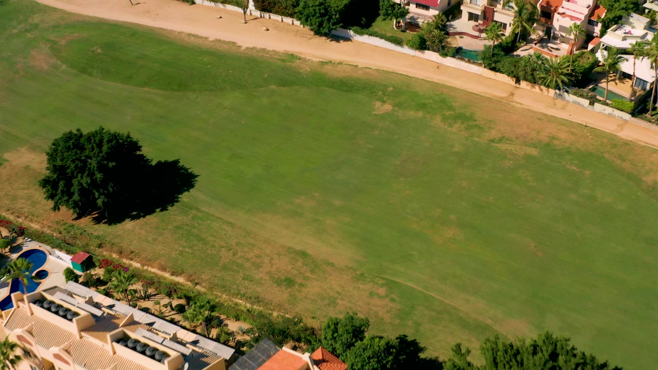 Opening aerial frame over San Jose Del Cabo with a broad green field, a lone tree casting a dark shadow, a tan dirt path, nearby homes, blue pools, and no visible people.