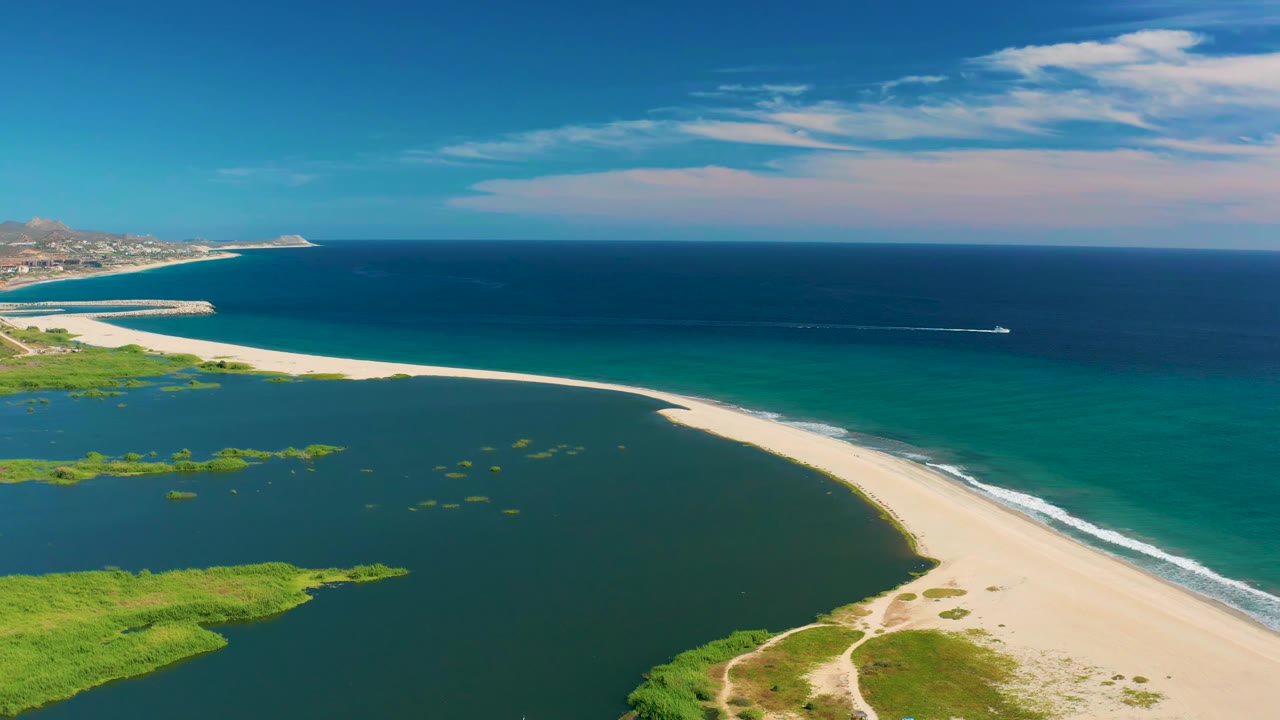 Aerial view in San Jose Del Cabo with the lagoon and vegetation low in frame, the beach curving through the center, deep blue ocean at the horizon, a boat wake farther offshore, and no visible people.