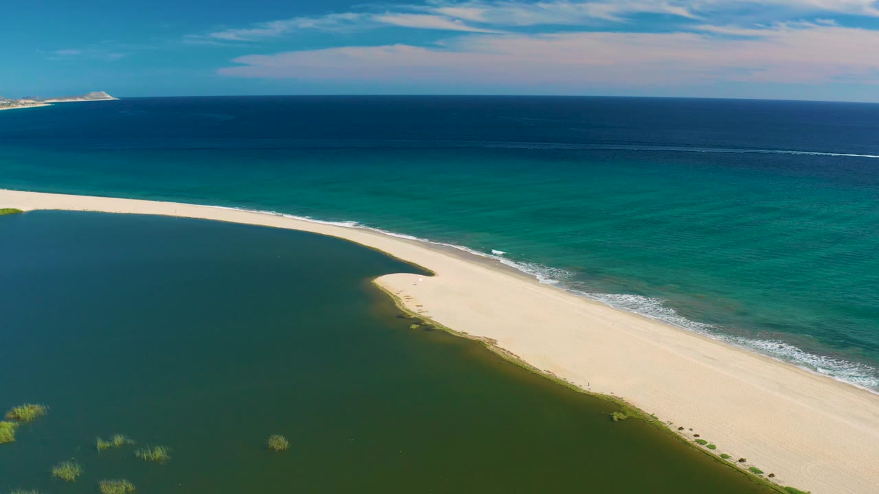 Aerial coastal view with sandbar crossing between lagoon and ocean