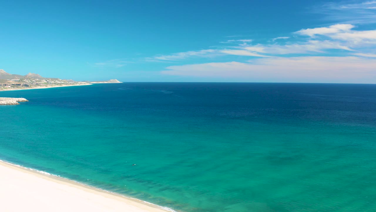 Long band of turquoise water along a white beach