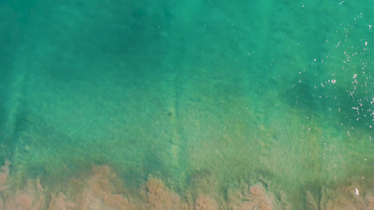 Clear blue-green ocean water in San Jose del Cabo reveals tan sand below, with small ripples and no visible people.