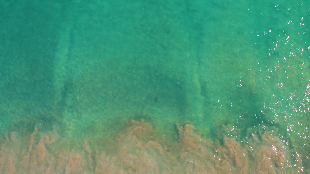 Overhead view of turquoise water in San Jose del Cabo with tan sandy seabed, darker submerged patches, and no visible people at the opening frame.