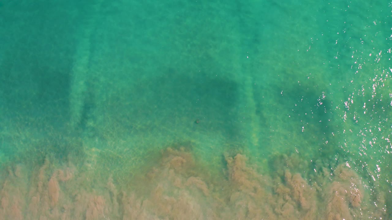 Aerial overhead frame of San Jose del Cabo shallow water with teal color, darker underwater bands, tan seabed texture, and no visible people.