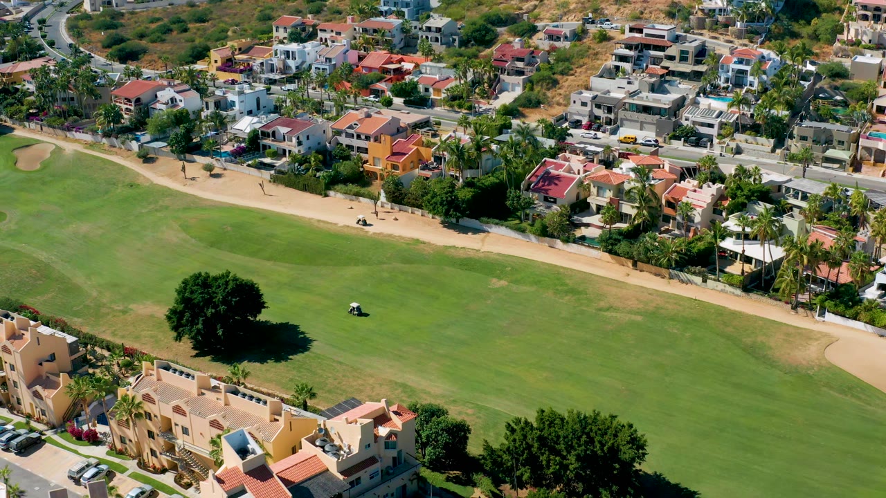 Aerial view in San Jose Del Cabo with the golf cart farther across the open green field, a large shadowed tree in the lower frame, and residential streets above, with no visible people.