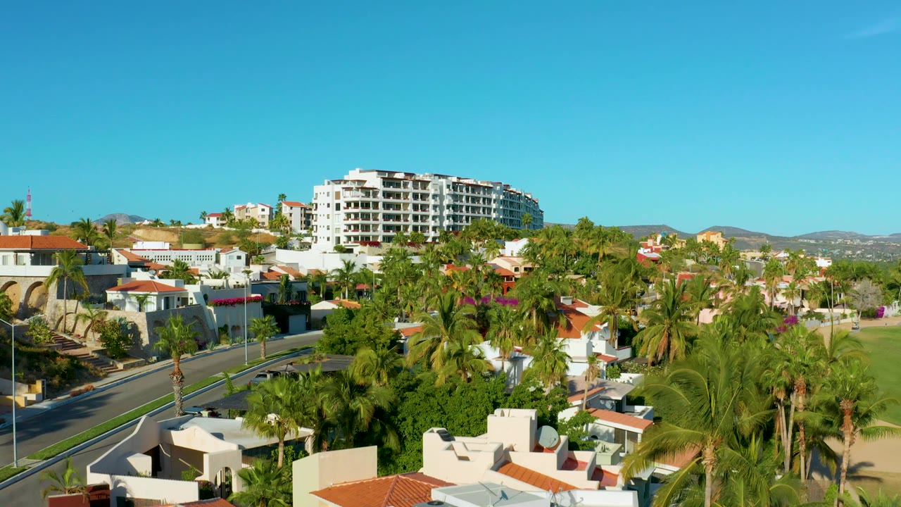 The aerial view shifts slightly across San Jose del Cabo homes, showing more road surface at left, dense palms through the center, distant hills, and no visible people.