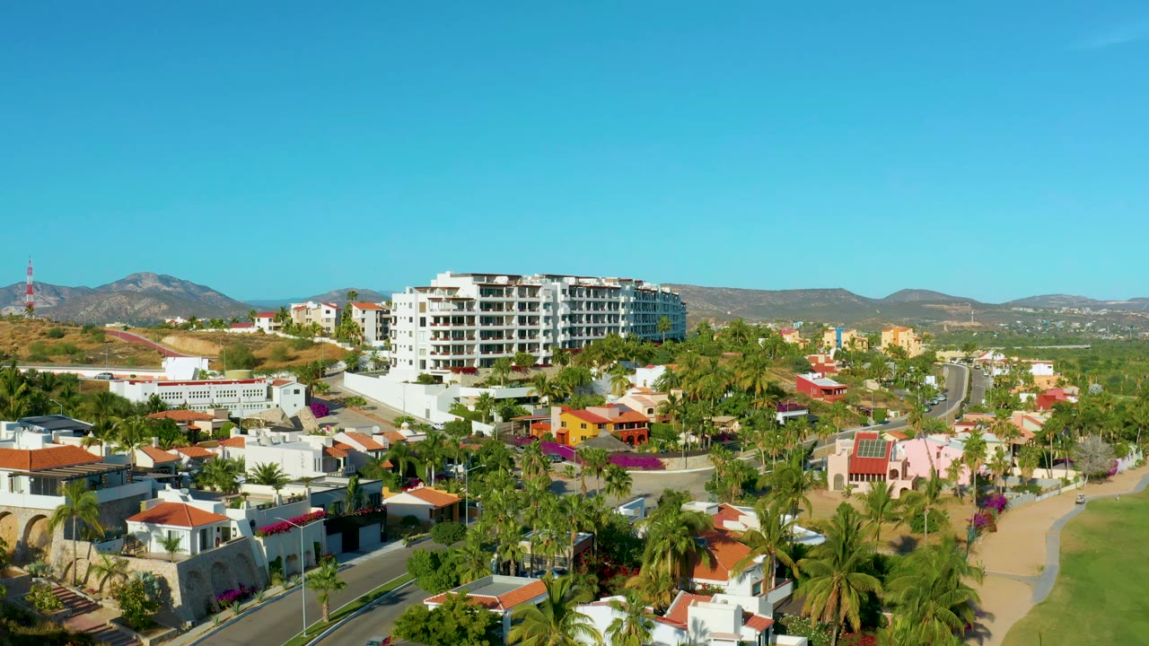 Drone view of residential blocks, palms, curved road, and a white mid-rise building.