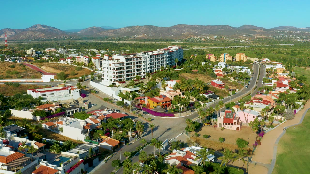 Aerial neighborhood view with homes, palms, a road, and mountains.