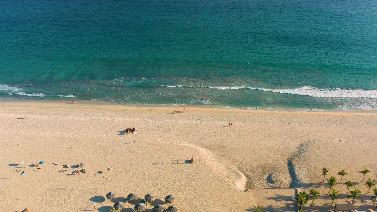 Overhead beach view with surf line, open sand, small figures, palms, rocks, and shade umbrellas.
