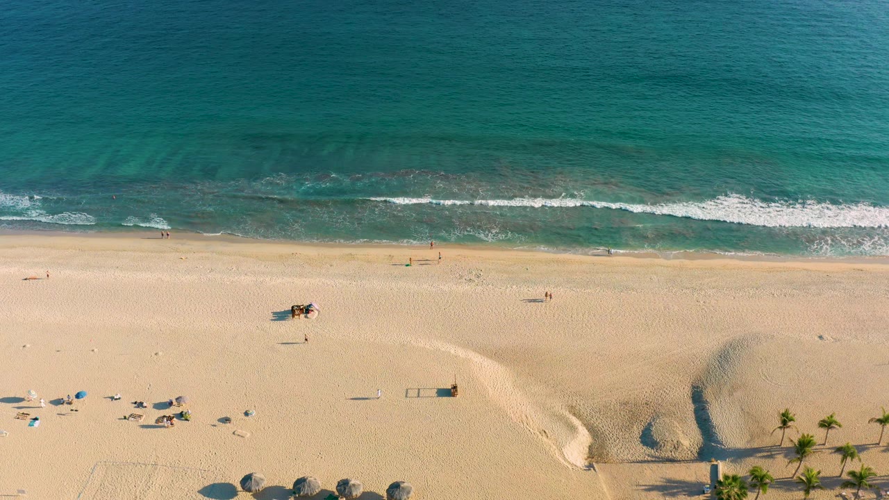 San Jose Del Cabo beach seen from above, with blue-green water, a narrow white wave band, textured sand, palm trees, rocks, umbrellas, and tiny beachgoers.