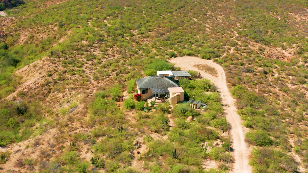 Early aerial frame over Cabo Pulmo, Baja California Sur, showing a small house with a dark thatched roof beside a pale dirt road, dry hills, green shrubs, and no visible people.