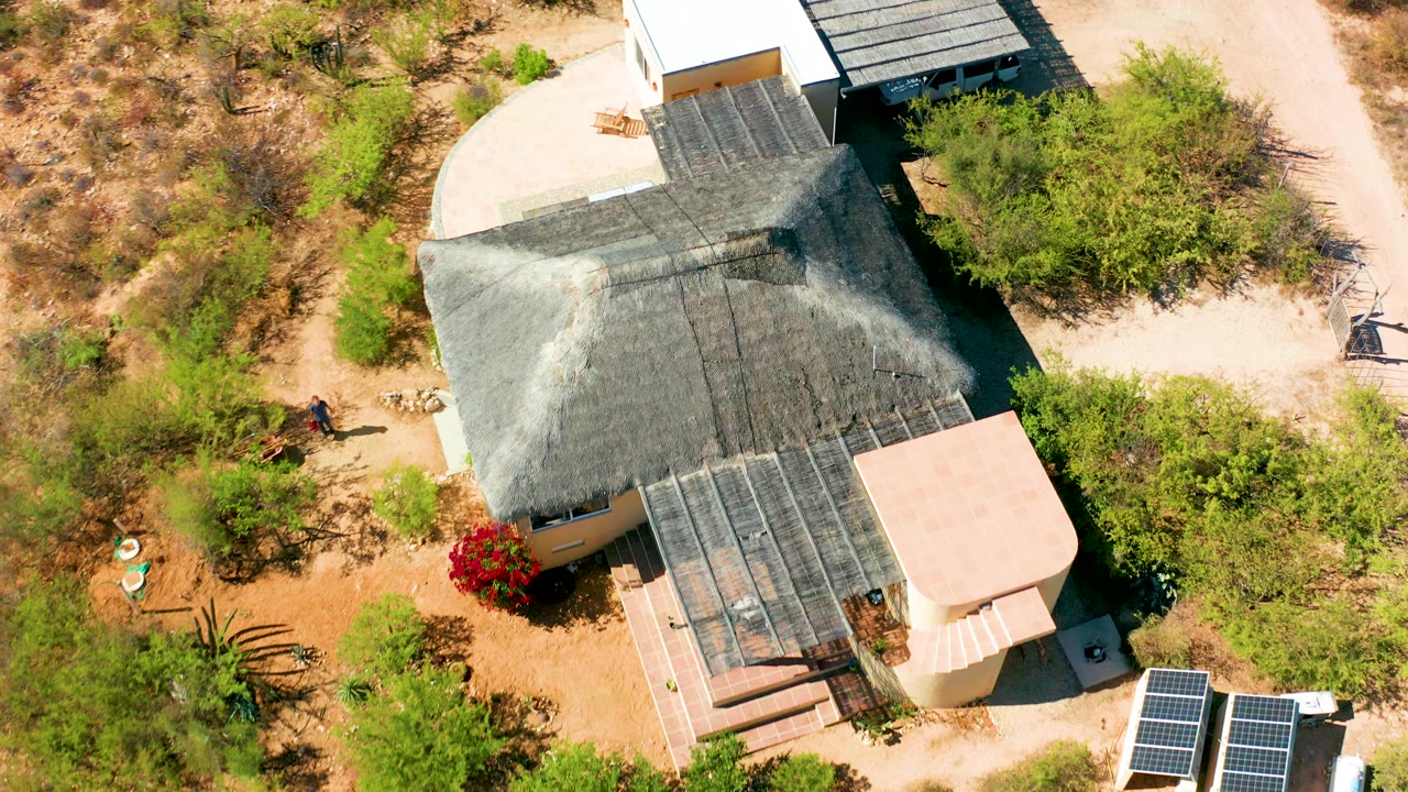 Aerial view over the Cabo Pulmo desert house, with the thatched roof centered, red flowering shrub near the lower edge, solar panels at the bottom right, and no visible people.