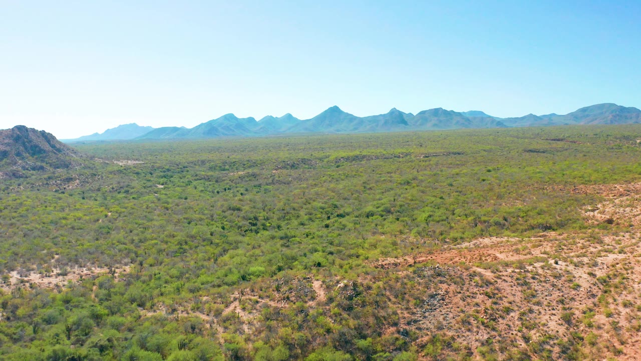 Mid-clip aerial view over Cabo Pulmo with a rocky ridge in the lower frame, broad green scrubland through the center, hazy distant ridges, blue sky, and no visible people.