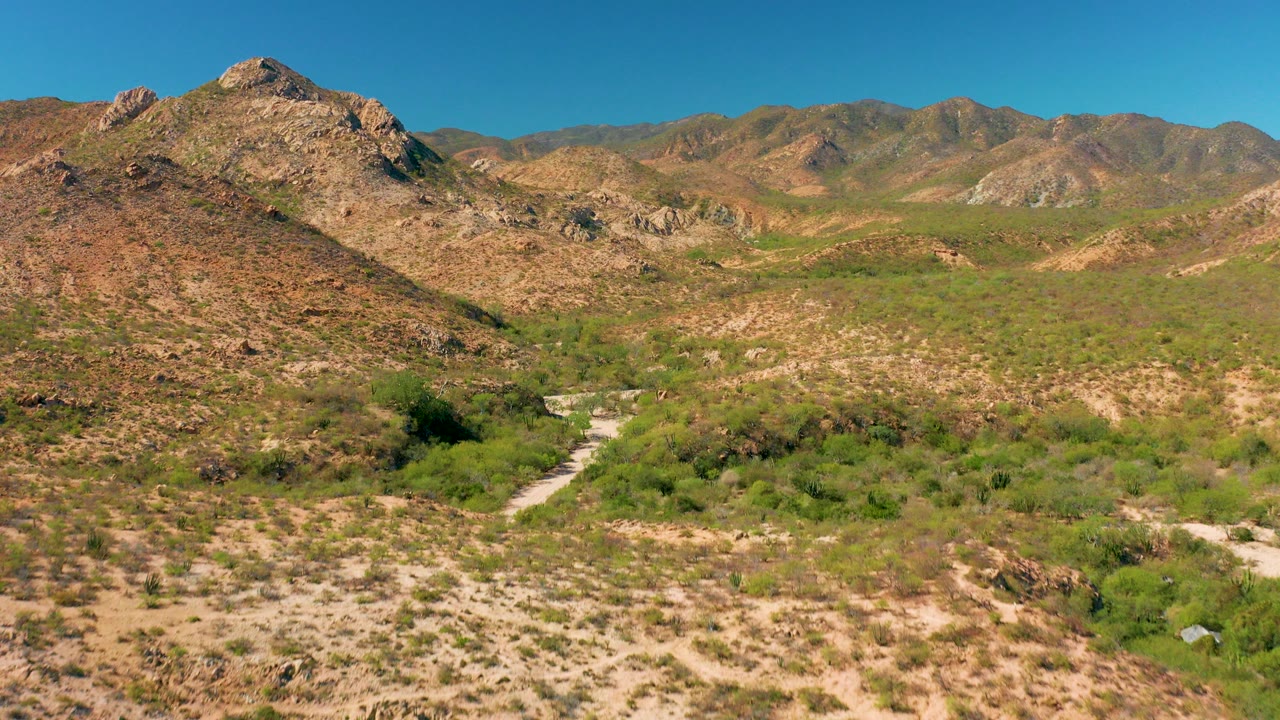 Aerial view of rocky desert hills and a winding dirt road under a clear blue sky.