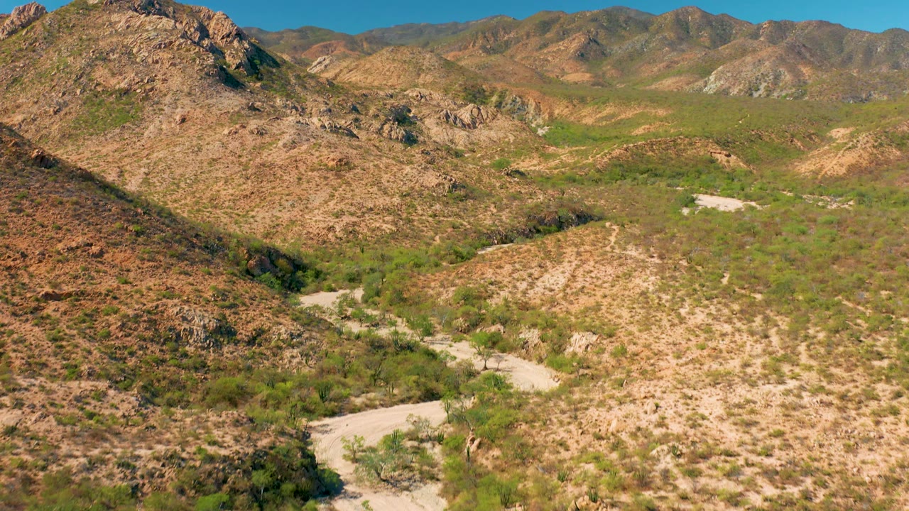 Aerial view in Cabo Pulmo showing the dry wash curving through green desert vegetation, with a steep rocky hill at left and no visible people.