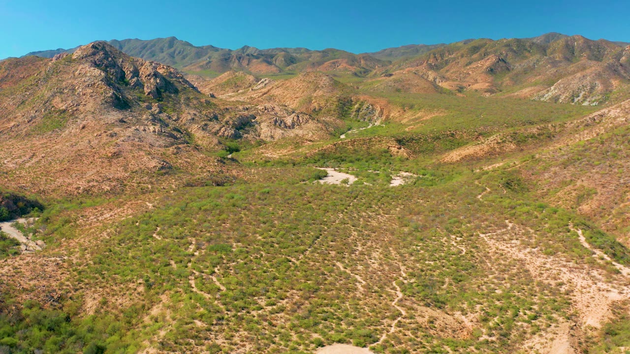 Aerial frame from Cabo Pulmo with a rocky hill left of center, green desert vegetation across the valley floor, winding pale tracks, distant mountains, and no visible people.