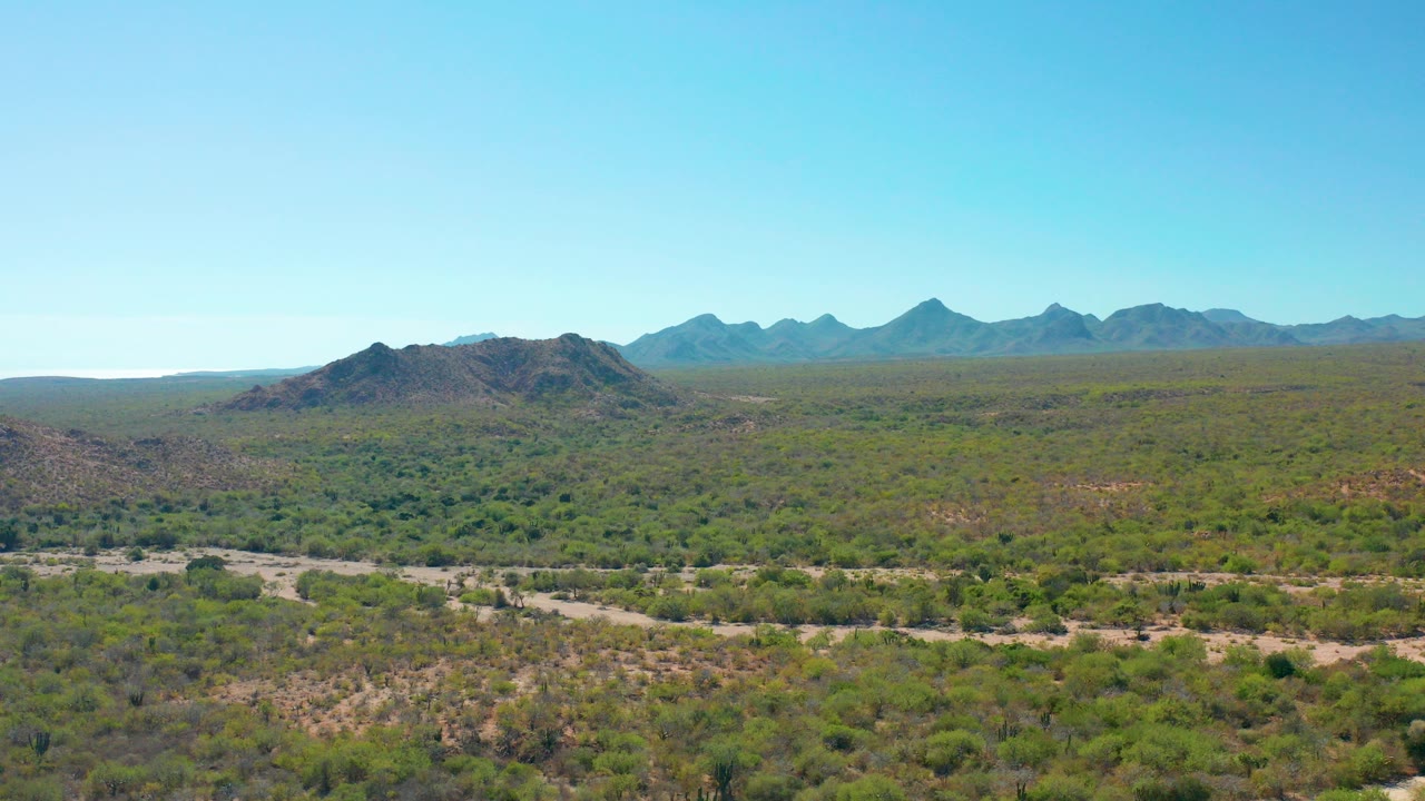 Opening frame of Cabo Pulmo, Baja California Sur, with a pale road crossing green desert scrub below dark distant mountains and no visible people.