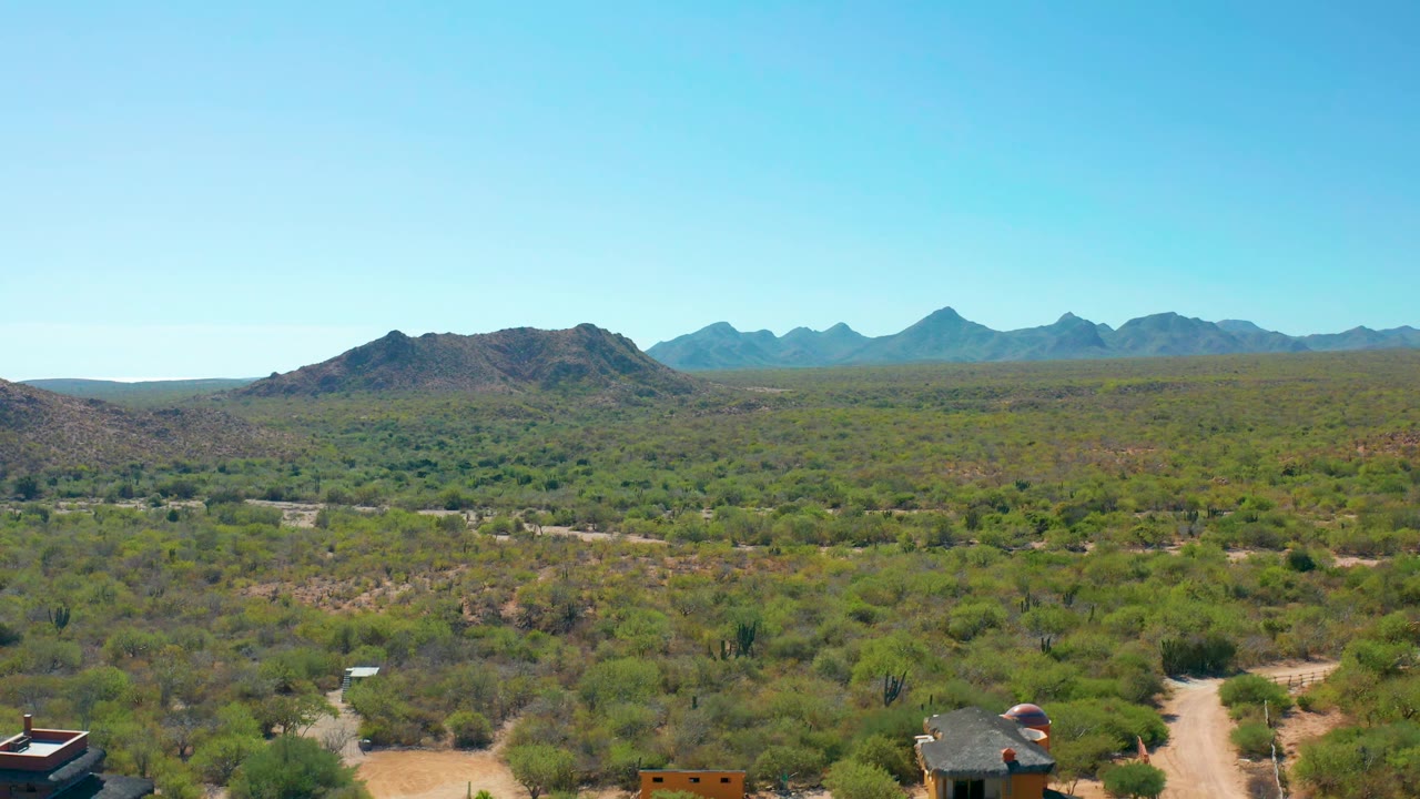 Aerial view in Cabo Pulmo showing green desert vegetation, a pale dirt road, small structures near the foreground, rocky hills to the left, distant mountains, and no visible people.
