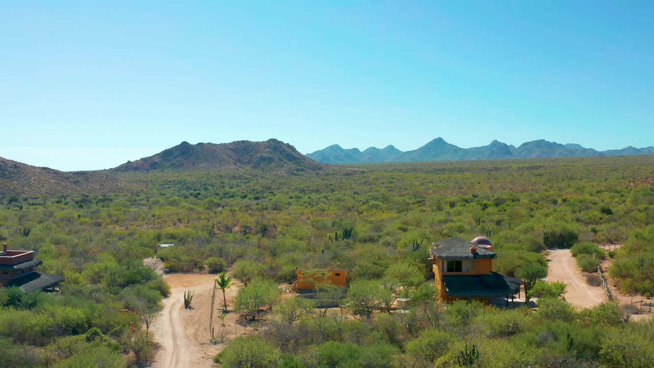 Aerial view in Cabo Pulmo showing the dirt road slightly nearer in frame, cabins among green desert vegetation, cacti, distant mountains, and no visible people.