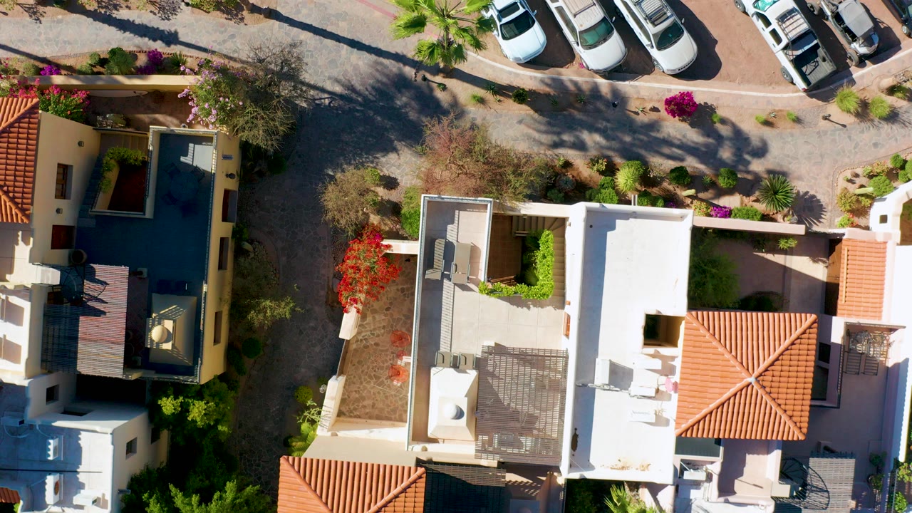 Overhead frame from Loreto, Baja California Sur, showing white cars parked along a residential street beside flat and terracotta roofs, garden walls, flowering shrubs, and no visible people.