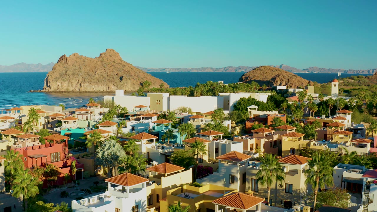 Sunny aerial over red-roofed homes and palms beside ocean and rocky shoreline.