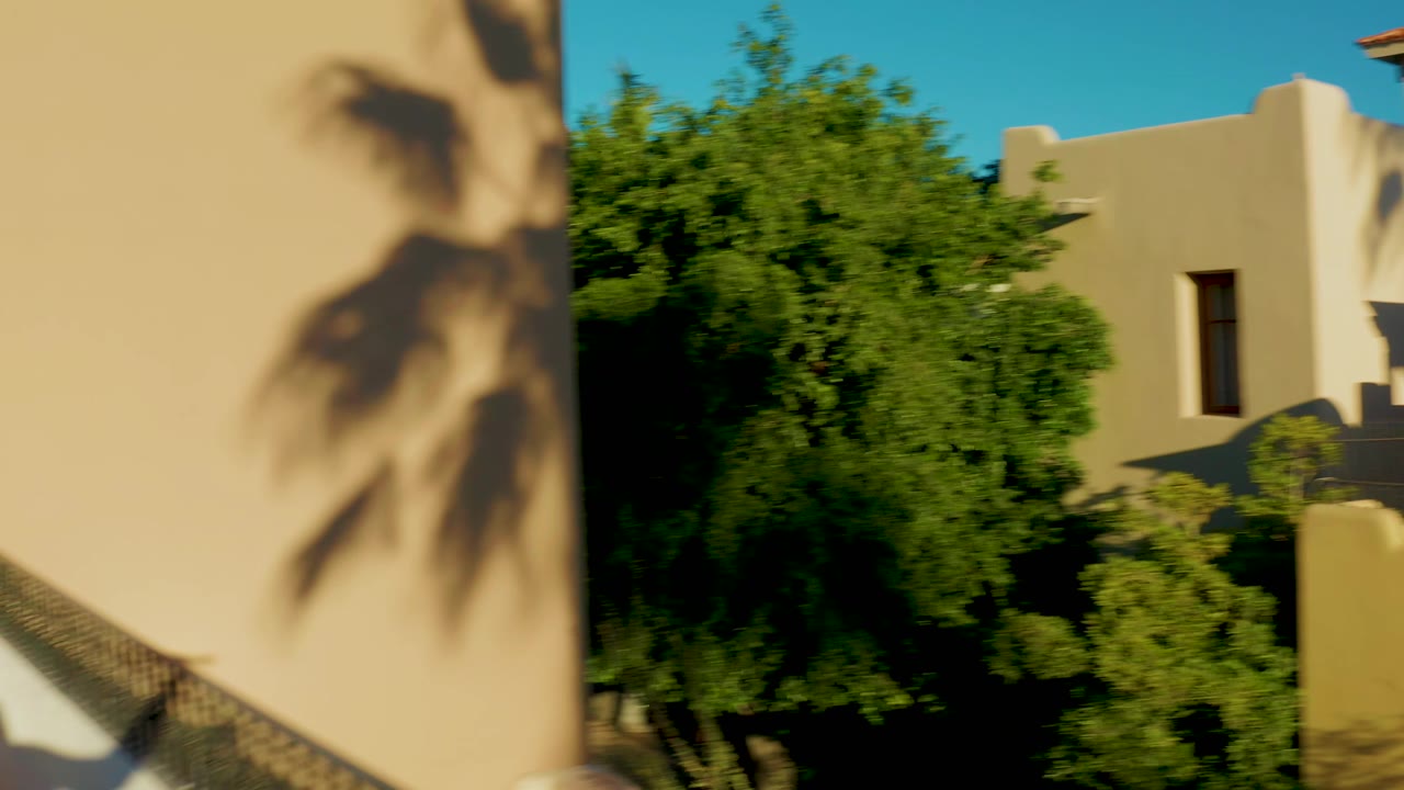Sunlit stucco buildings with trees and palm shadows.