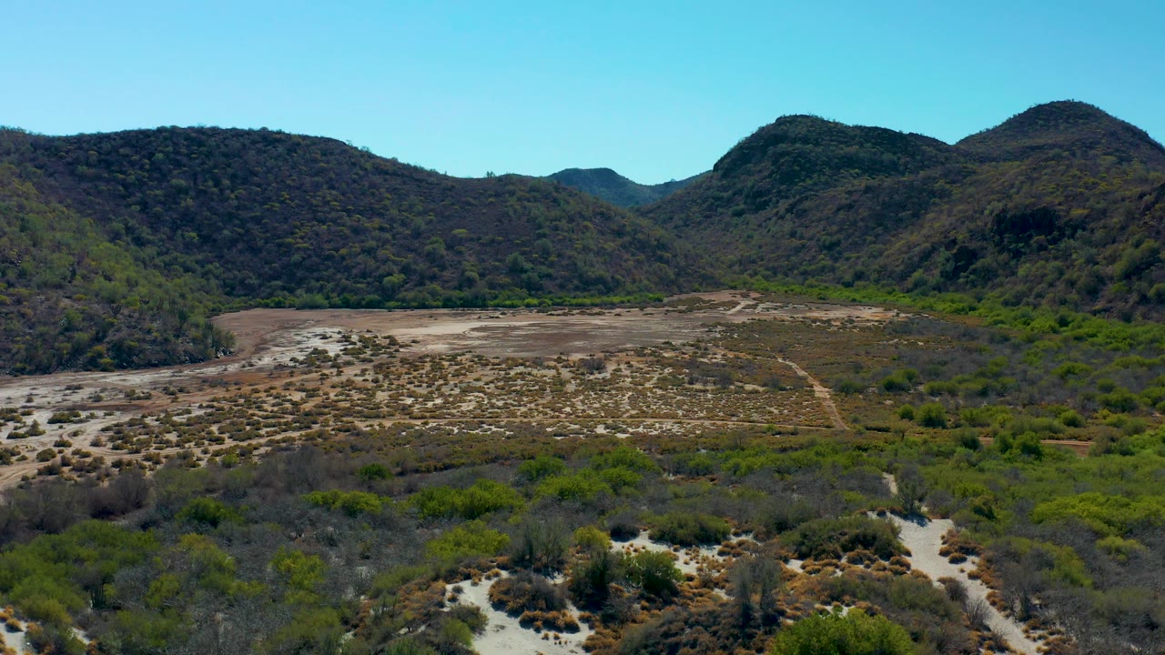 Aerial view over a dry Loreto basin where low brush and pale soil lead toward rounded green-brown hills, under a cloudless sky with no visible people.