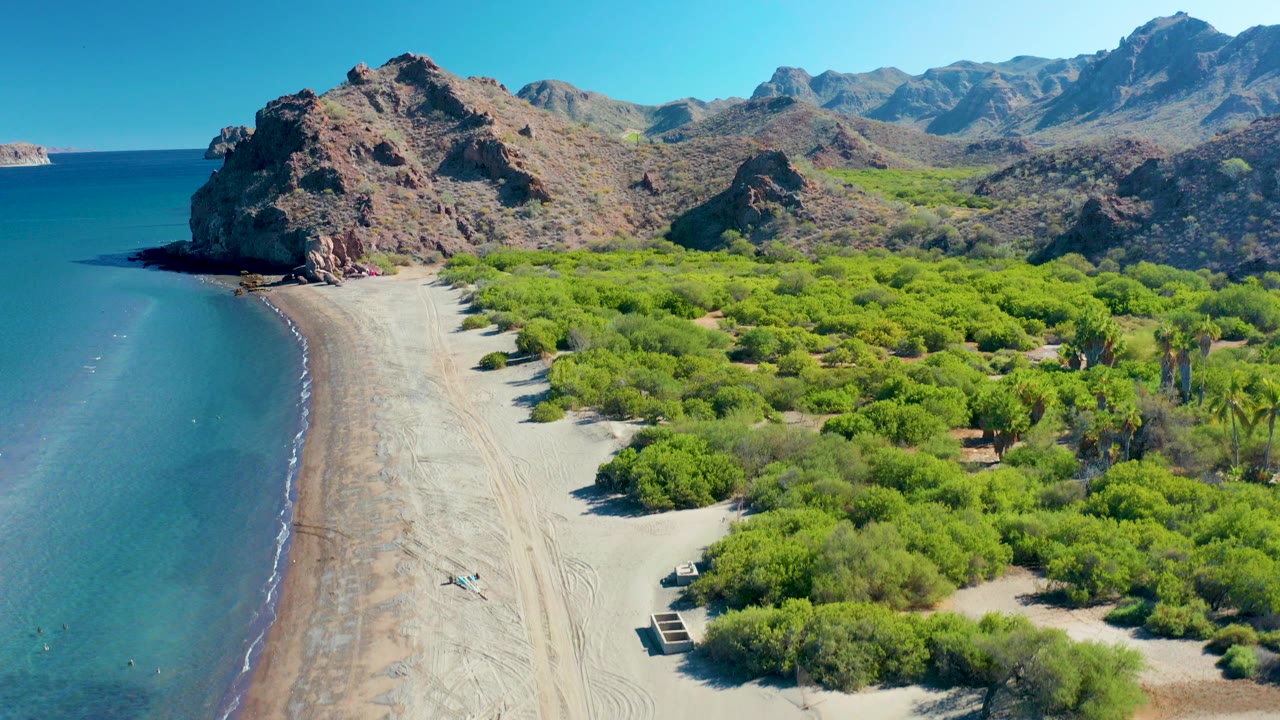 Aerial frame over Ligui, Baja California Sur, showing clear blue water on the left, a pale beach below, green shrubs and palms to the right, and rocky cliffs in the background.