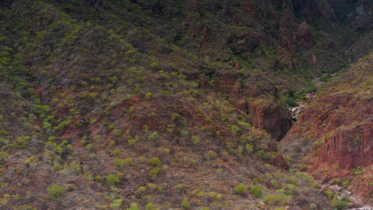 Aerial view of a rocky mountain slope in Puerto Escondido, Baja California Sur, with sparse green shrubs, reddish cliffs, a dark ravine, and no visible people.