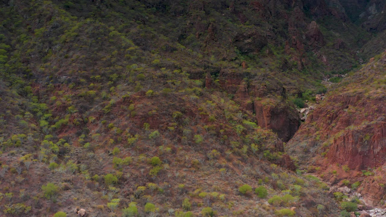 Rocky slope with ravine opening and pale river stones.