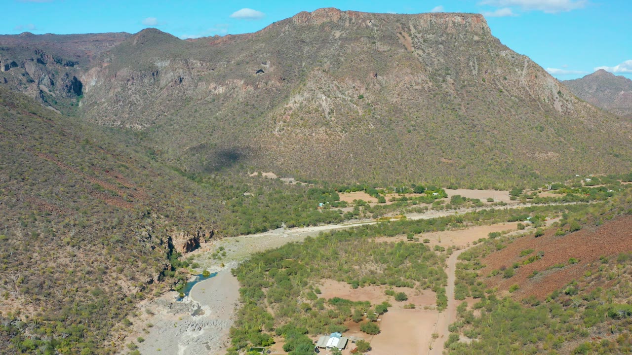 Aerial landscape of arid mountains, riverbed, and green patches.