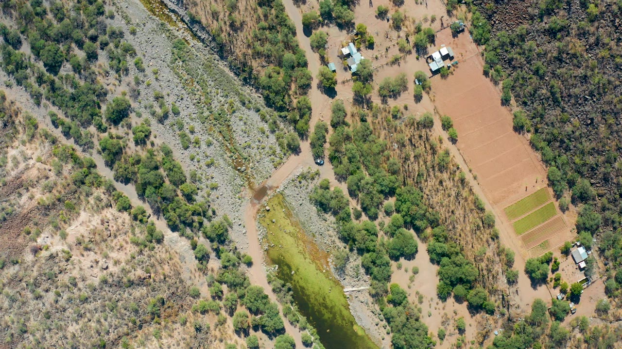 Aerial frame in San Javier, Baja California Sur, with the riverbank along the left side, pale dry brush through the center, rectangular fields to the right, and no visible people.