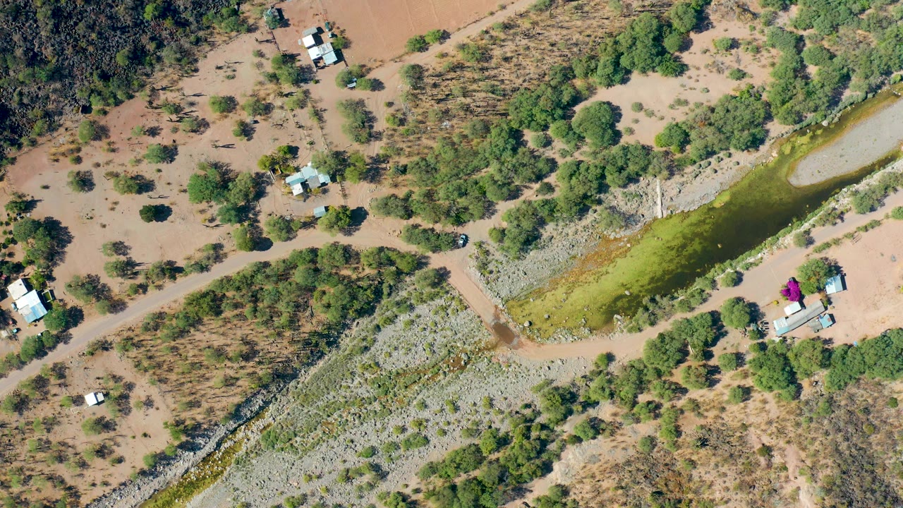 Aerial frame in San Javier, Baja California Sur, with the water body running diagonally through dry ground, green tree clusters near the banks, dirt tracks, small roofed structures, and no visible people.
