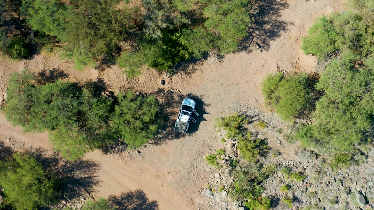 Top-down San Javier frame showing the car lower in the trail corridor, partly framed by overhanging green trees, tan dust, scattered rocks, and no visible people.