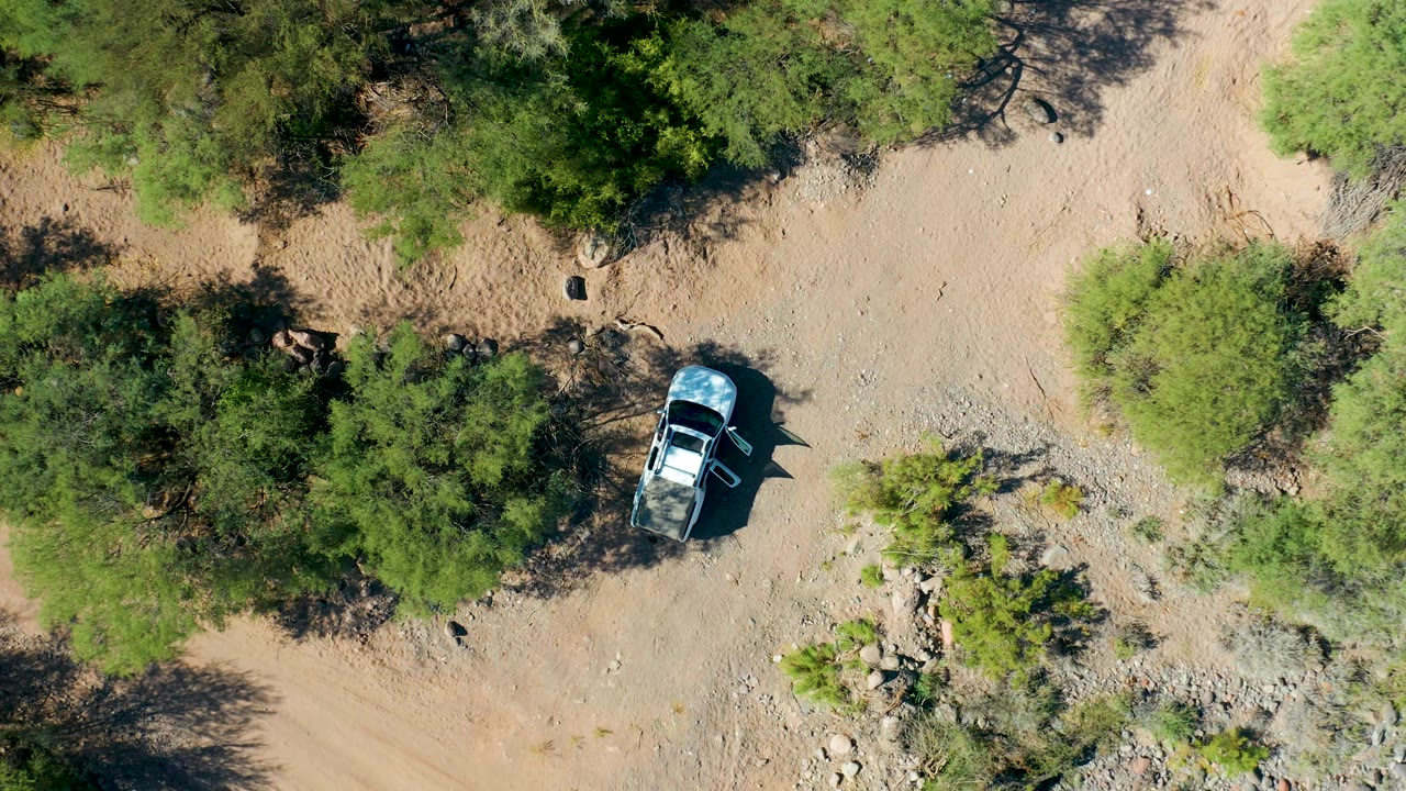 Top-down frame in San Javier, Baja California Sur, showing the vehicle near a cluster of green trees with a rocky patch to one side and no visible people.