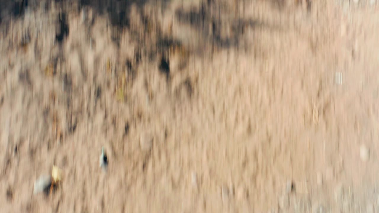 At 0:02 in San Javier, Baja California Sur, the frame becomes a blurred view of sandy brown ground with scattered small stones, with no visible people.