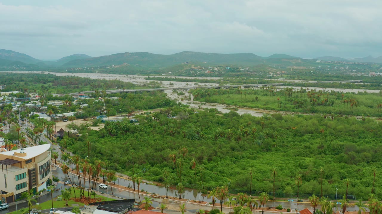 Aerial view in San Jose del Cabo, Mexico, showing dense green vegetation, palm-lined roads, a corner building, a pale riverbed, distant mountains, overcast sky, and no visible people.