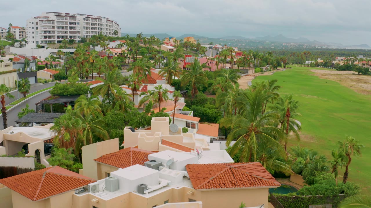 Aerial view of palm-lined homes, road, green field, and white building.