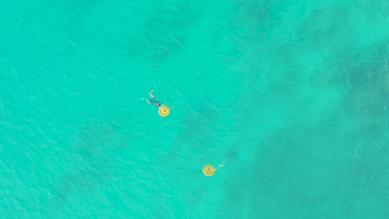 Two yellow rings drift in clear blue-green water.